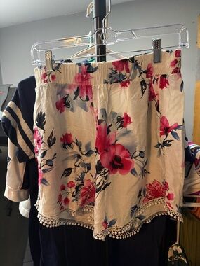 Floral White & Pink Women’s Shorts with Pom Trim